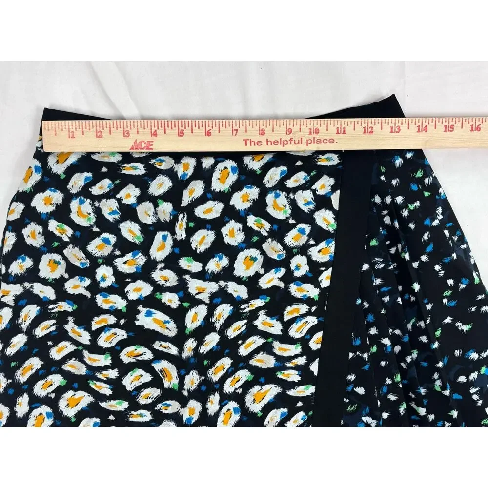 J.Crew Faux Wrap Pleated A-Line Skirt Black Blue White Graphic Mixed Print Sz 0